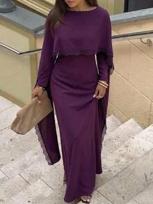 Aloruh Dark Purple Woven Lace Patchwork Extra Long Dress Elegant Modest Party Dinner Fall Clothes Elegant Long Dress Party Dresses Prom Dresses For Women Hal - Purple - View 3