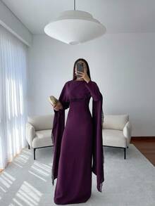 Aloruh Dark Purple Woven Lace Patchwork Extra Long Dress Elegant Modest Party Dinner Fall Clothes Elegant Long Dress Party Dresses Prom Dresses For Women Hal - Purple - View 5