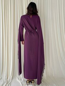 Aloruh Dark Purple Woven Lace Patchwork Extra Long Dress Elegant Modest Party Dinner Fall Clothes Elegant Long Dress Party Dresses Prom Dresses For Women Hal - Purple - View 2