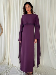 Aloruh Dark Purple Woven Lace Patchwork Extra Long Dress Elegant Modest Party Dinner Fall Clothes Elegant Long Dress Party Dresses Prom Dresses For Women Hal - Purple - View 7