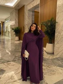 Aloruh Dark Purple Woven Lace Patchwork Extra Long Dress Elegant Modest Party Dinner Fall Clothes Elegant Long Dress Party Dresses Prom Dresses For Women Hal - Purple - View 6