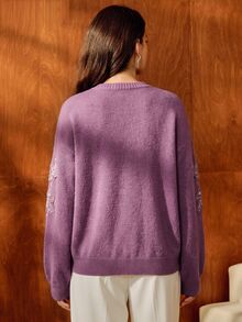 Anewsta Elegant Romantic Long Sleeve Round Neck Lace Trim Loose Fit Commuter Sweater For Women - Mauve Purple - View 7