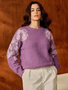 Anewsta Elegant Romantic Long Sleeve Round Neck Lace Trim Loose Fit Commuter Sweater For Women - Mauve Purple - View 3