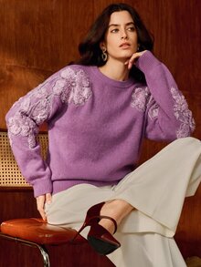 Anewsta Elegant Romantic Long Sleeve Round Neck Lace Trim Loose Fit Commuter Sweater For Women - Mauve Purple - View 1
