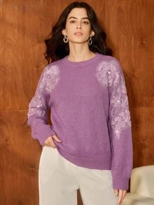 Anewsta Elegant Romantic Long Sleeve Round Neck Lace Trim Loose Fit Commuter Sweater For Women - Mauve Purple - View 4