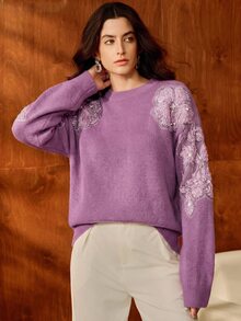 Anewsta Elegant Romantic Long Sleeve Round Neck Lace Trim Loose Fit Commuter Sweater For Women - Mauve Purple - View 6