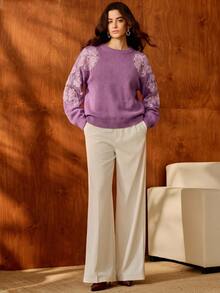 Anewsta Elegant Romantic Long Sleeve Round Neck Lace Trim Loose Fit Commuter Sweater For Women - Mauve Purple - View 5