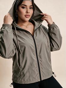 SHEIN Rhythm Era Jaket Olahraga Lengan Panjang Kasual Wanita Warna Polos dengan Resleting untuk Sehari-hari - Grey - View 5