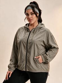 SHEIN Rhythm Era Jaket Olahraga Lengan Panjang Kasual Wanita Warna Polos dengan Resleting untuk Sehari-hari - Grey - View 3