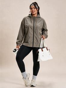 SHEIN Rhythm Era Jaket Olahraga Lengan Panjang Kasual Wanita Warna Polos dengan Resleting untuk Sehari-hari - Grey - View 1