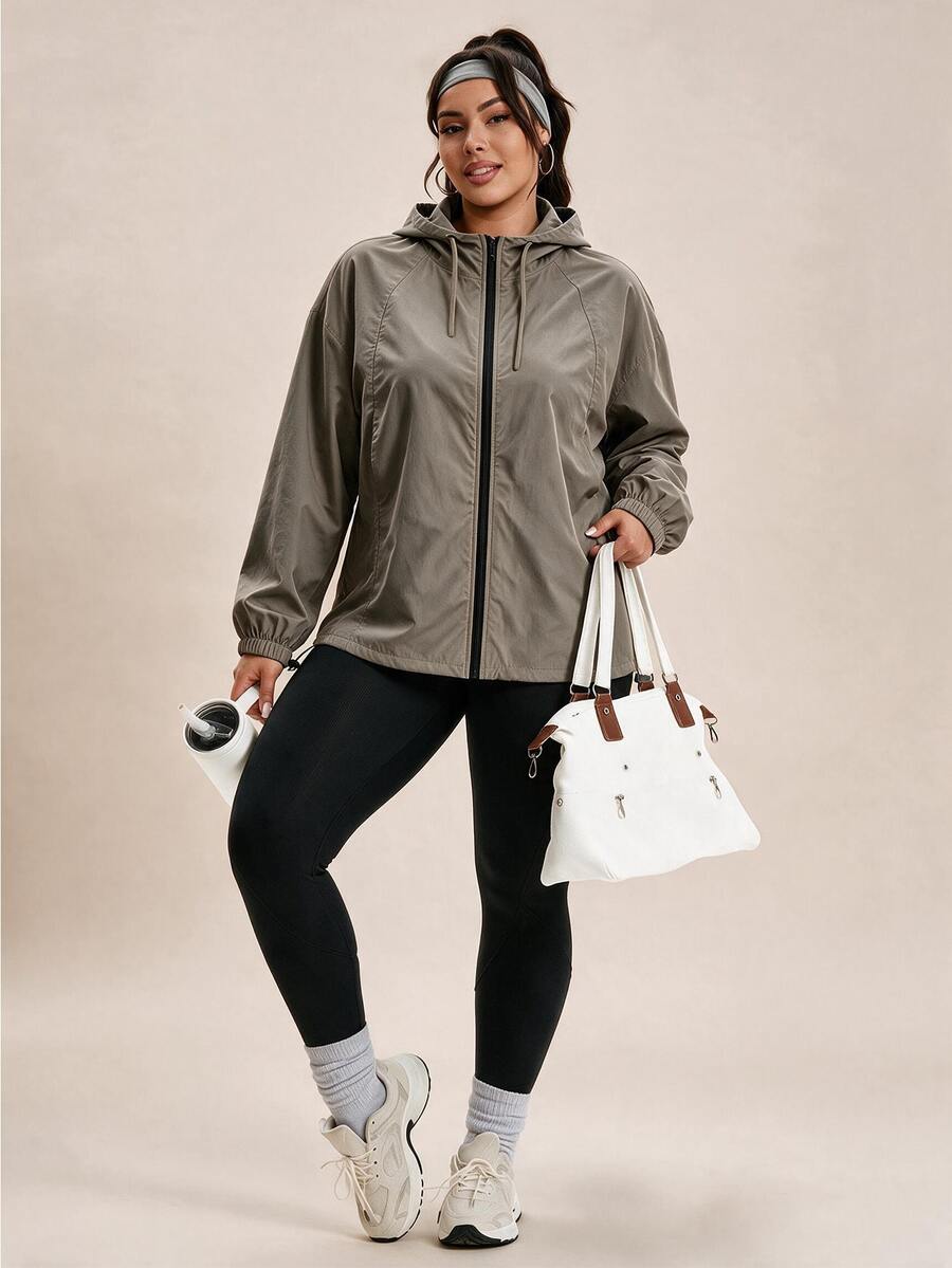 SHEIN Rhythm Era Jaket Olahraga Lengan Panjang Kasual Wanita Warna Polos dengan Resleting untuk Sehari-hari - Grey - View 1