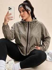 SHEIN Rhythm Era Jaket Olahraga Lengan Panjang Kasual Wanita Warna Polos dengan Resleting untuk Sehari-hari - Grey - View 4
