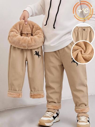 SHEIN Young Boys Casual Plain Straight Fit Fleece Lined Pants For School, Garden, Birthday, Fall, Winter