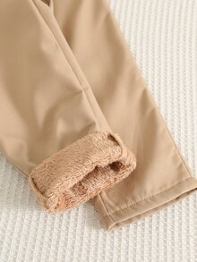 SHEIN 兒童小男孩休閒純色直筒抓絨內裡長褲，適合學校、園藝、生日、秋季、冬季 - 卡其色 - 查看 4