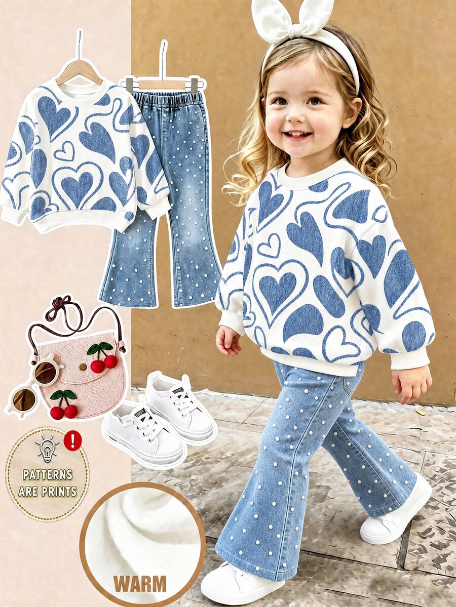 Baby Girl Heart Print Long Sleeve Sweatshirt And Flared Pants Casual Set - Multicolor - View 1
