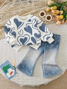 Baby Girl Heart Print Long Sleeve Sweatshirt And Flared Pants Casual Set - Multicolor - View 4