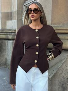Aloruh Jaket Kasual Wanita Warna Polos dengan Kancing Tunggal Logam, Jaket Pendek Wanita Gaya Boho, Jaket Aviator, Blazer Pendek, Pakaian Kerja untuk Wanita - Coklat - View 3