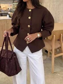 Aloruh Jaket Kasual Wanita Warna Polos dengan Kancing Tunggal Logam, Jaket Pendek Wanita Gaya Boho, Jaket Aviator, Blazer Pendek, Pakaian Kerja untuk Wanita - Coklat - View 1