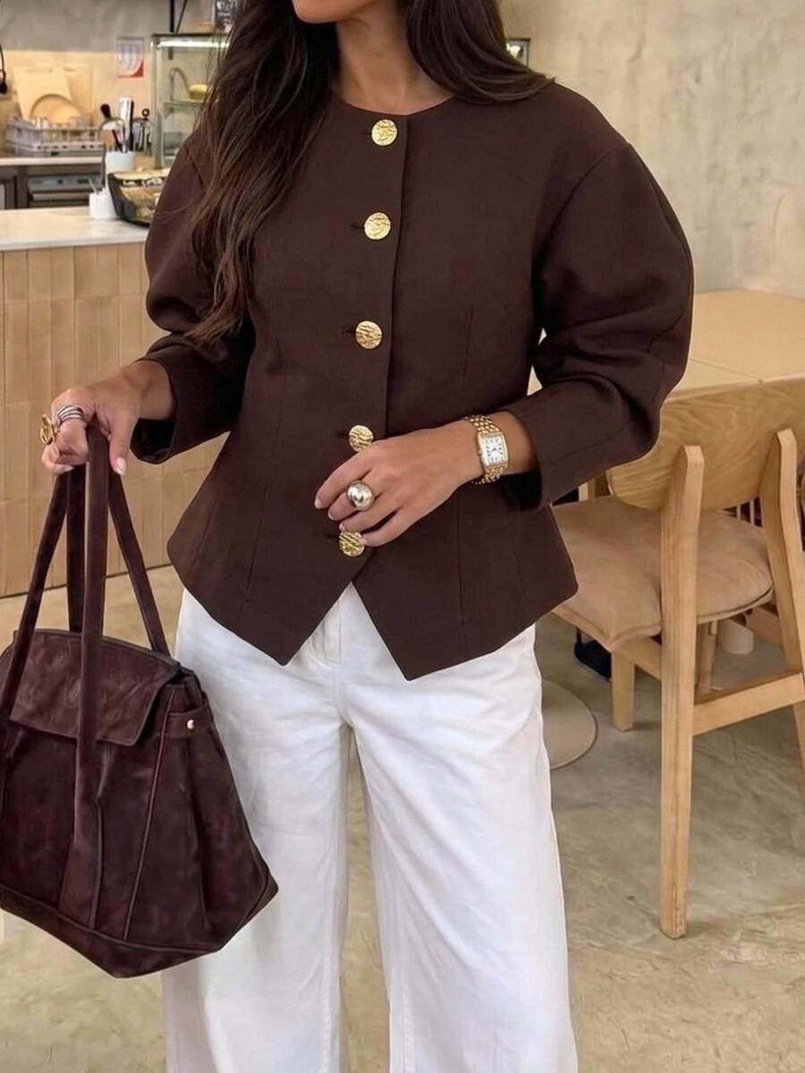 Aloruh Jaket Kasual Wanita Warna Polos dengan Kancing Tunggal Logam, Jaket Pendek Wanita Gaya Boho, Jaket Aviator, Blazer Pendek, Pakaian Kerja untuk Wanita - Coklat - View 1