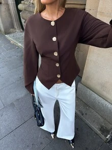 Aloruh Jaket Kasual Wanita Warna Polos dengan Kancing Tunggal Logam, Jaket Pendek Wanita Gaya Boho, Jaket Aviator, Blazer Pendek, Pakaian Kerja untuk Wanita - Coklat - View 5