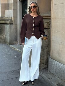 Aloruh Jaket Kasual Wanita Warna Polos dengan Kancing Tunggal Logam, Jaket Pendek Wanita Gaya Boho, Jaket Aviator, Blazer Pendek, Pakaian Kerja untuk Wanita - Coklat - View 4