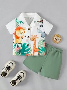SHEIN Souflis Spring/Summer New Cartoon Animal Print Shirt Set For Toddler Boys, Casual Comfortable Shorts 2pcs Outfit - Dark Green - View 3