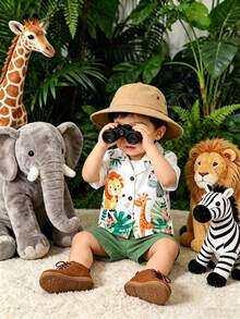 SHEIN Souflis Spring/Summer New Cartoon Animal Print Shirt Set For Toddler Boys, Casual Comfortable Shorts 2pcs Outfit - Dark Green - View 5