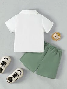 SHEIN Souflis Spring/Summer New Cartoon Animal Print Shirt Set For Toddler Boys, Casual Comfortable Shorts 2pcs Outfit - Dark Green - View 4