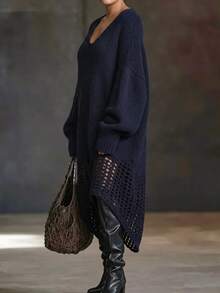 Linhara CURVE V-Neck Dropped Shoulder Loose Hollow Hem Knit Dress, Slouchy Long Sweater Dress - Blue - View 3