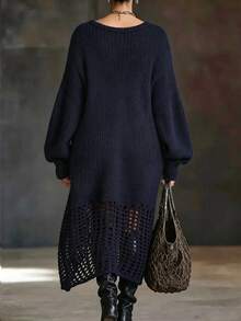 Linhara CURVE V-Neck Dropped Shoulder Loose Hollow Hem Knit Dress, Slouchy Long Sweater Dress - Blue - View 2
