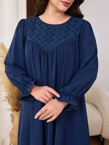 Al Najma Casual Minimalist Solid Color Pleated Geometric Patchwork Round Neck Long Sleeve Loose Regular Fit Spring Autumn Plus Size Women's Arabian Dress - Navy Blue - View 3