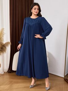 Al Najma Casual Minimalist Solid Color Pleated Geometric Patchwork Round Neck Long Sleeve Loose Regular Fit Spring Autumn Plus Size Women's Arabian Dress - Navy Blue - View 5