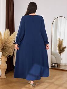 Al Najma Casual Minimalist Solid Color Pleated Geometric Patchwork Round Neck Long Sleeve Loose Regular Fit Spring Autumn Plus Size Women's Arabian Dress - Navy Blue - View 2