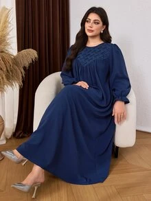Al Najma Casual Minimalist Solid Color Pleated Geometric Patchwork Round Neck Long Sleeve Loose Regular Fit Spring Autumn Plus Size Women's Arabian Dress - Navy Blue - View 7