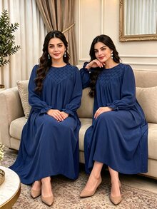 Al Najma Casual Minimalist Solid Color Pleated Geometric Patchwork Round Neck Long Sleeve Loose Regular Fit Spring Autumn Plus Size Women's Arabian Dress - Navy Blue - View 1
