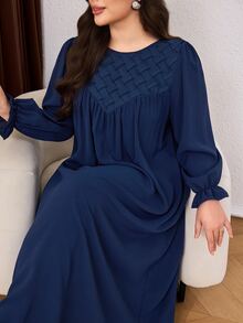 Al Najma Casual Minimalist Solid Color Pleated Geometric Patchwork Round Neck Long Sleeve Loose Regular Fit Spring Autumn Plus Size Women's Arabian Dress - Navy Blue - View 6