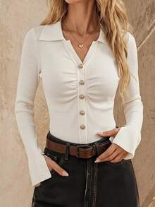 Balvessa 2000s French Style Slim Fit Vintage Pleated Women's Sweater, Spring/Autumn - White - View 1