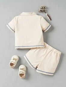 Souflis Souflis Newborn Baby Boys' Fashionable Embroidered Tropical Collar Short Sleeve Shirt And Shorts Set, For Spring/Summer - Blue - View 2