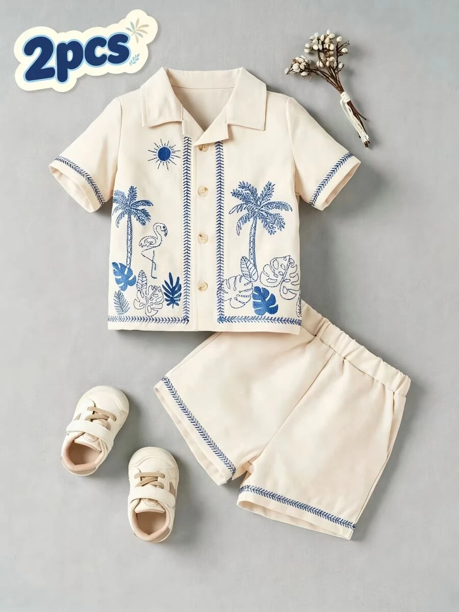 Souflis Souflis Newborn Baby Boys' Fashionable Embroidered Tropical Collar Short Sleeve Shirt And Shorts Set, For Spring/Summer - Blue - View 1
