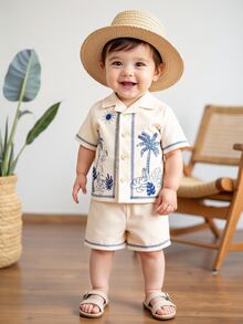 Souflis Souflis Newborn Baby Boys' Fashionable Embroidered Tropical Collar Short Sleeve Shirt And Shorts Set, For Spring/Summer - Blue - View 3