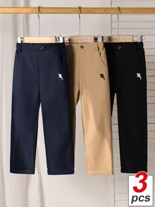 SHEIN 小男孩休閒舒適素色長褲多件套裝，單鈕扣裝飾與斜口袋，簡單方便的鬆緊腰設計，適合日常穿著、旅行、派對、假期，百搭時尚穿搭，婚禮季節、開學季節 - 彩色 - 查看 5