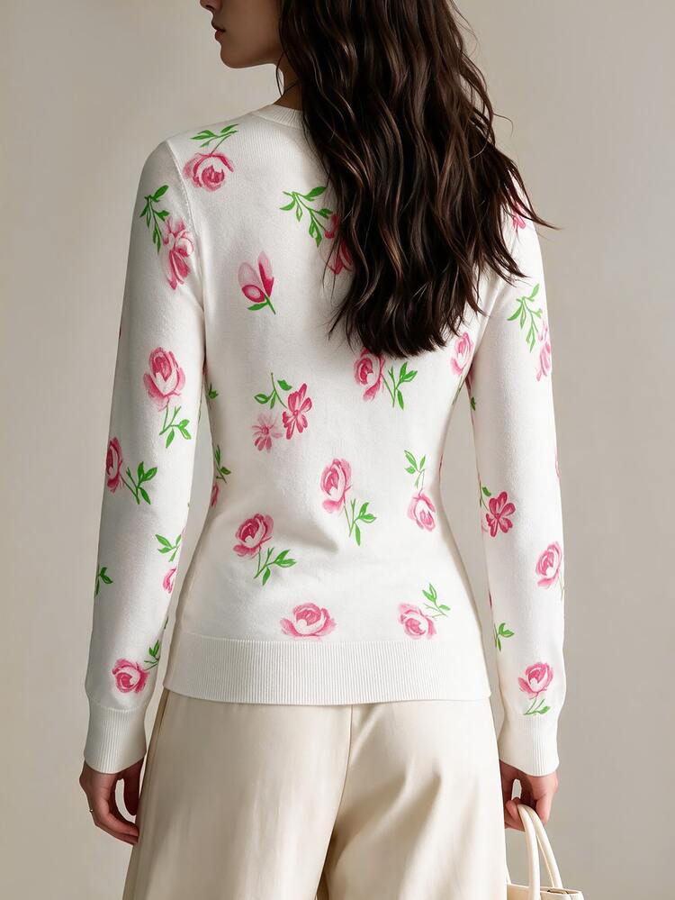 Balvessa Women's Floral Pattern Round Neck Long Sleeve Casual French Cute Romantic Sweater Brunch White And Pink Autumn Tea Party - Beige - View 2