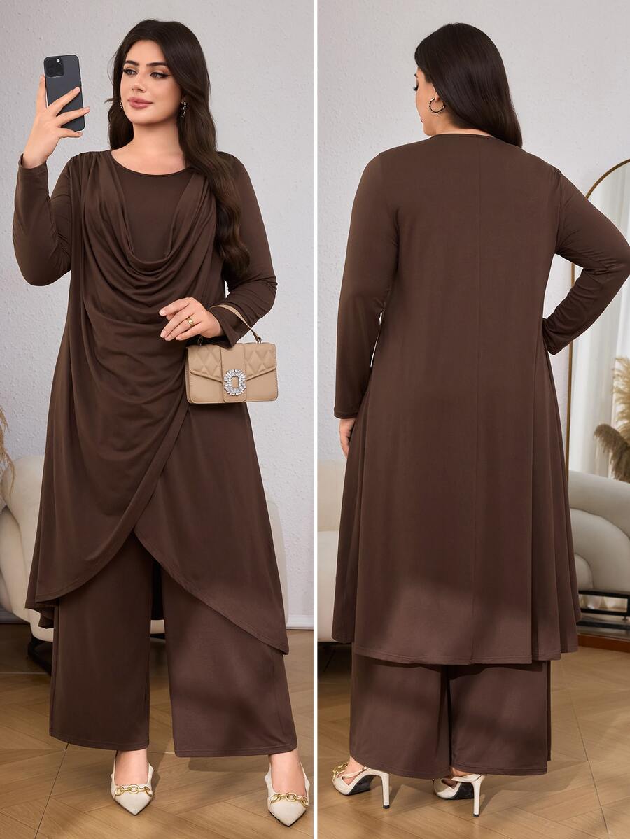 Lacomfia طقم نسائي من قطعتين بتصميم كاجوال عصري للخريف والشتاء، مقاسات كبيرة، ملابس علوية بأكمام طويلة وياقة كول مع ثنيات ودرابيه، وبنطلون واسع الساق - قهوة بني - مشاهدة 1