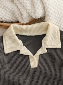 SHEIN 2 件套女婴时尚撞色褶皱领休闲运动长袖上衣和裤子套装，秋冬 - 彩色 - 查看 5