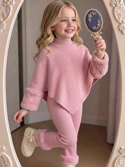 SHEIN Playful Pals Young Girls Set,Design-Driven Asymmetrical Pullover Paired High Neck Deep Pink Knitted Ribbed Patchwork Polar Fleece,For New Fall/Winter Style