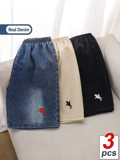 SHEIN Casuvi Kids 3pcs/Set Tween Boy Buy 1 Get 2 Denim Shorts + 2 Casual Woven Shorts, Embroidered Accent, Suitable For Daily, School, Outdoor, Spring/Summer