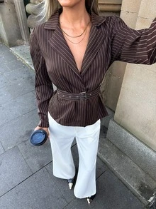 Aloruh Blazer Kasual Lipit Bergaris untuk Wanita, Jaket Boho, Jaket Aviator, Pakaian Musim Gugur, Pakaian Kerja untuk Wanita - Coffee Brown - View 4
