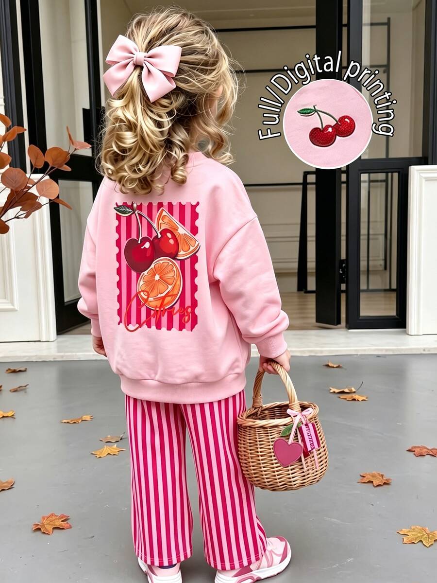 SHEIN Explorewe 1 Set Girls Cherry Print Knit Pullover Long Sleeve Sweatshirt And Striped Wide Leg Sweatpants, Autumn/Winter Casual Outfit - Pink - View 1
