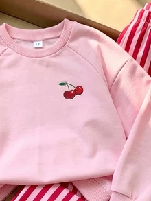 SHEIN Explorewe 1套女童櫻桃印花針織長袖套頭衛衣與條紋寬腿運動長褲，秋冬休閒套裝 - 粉色 - 查看 3