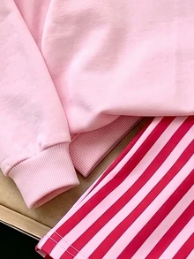 SHEIN Explorewe 1套女童櫻桃印花針織長袖套頭衛衣與條紋寬腿運動長褲，秋冬休閒套裝 - 粉色 - 查看 8